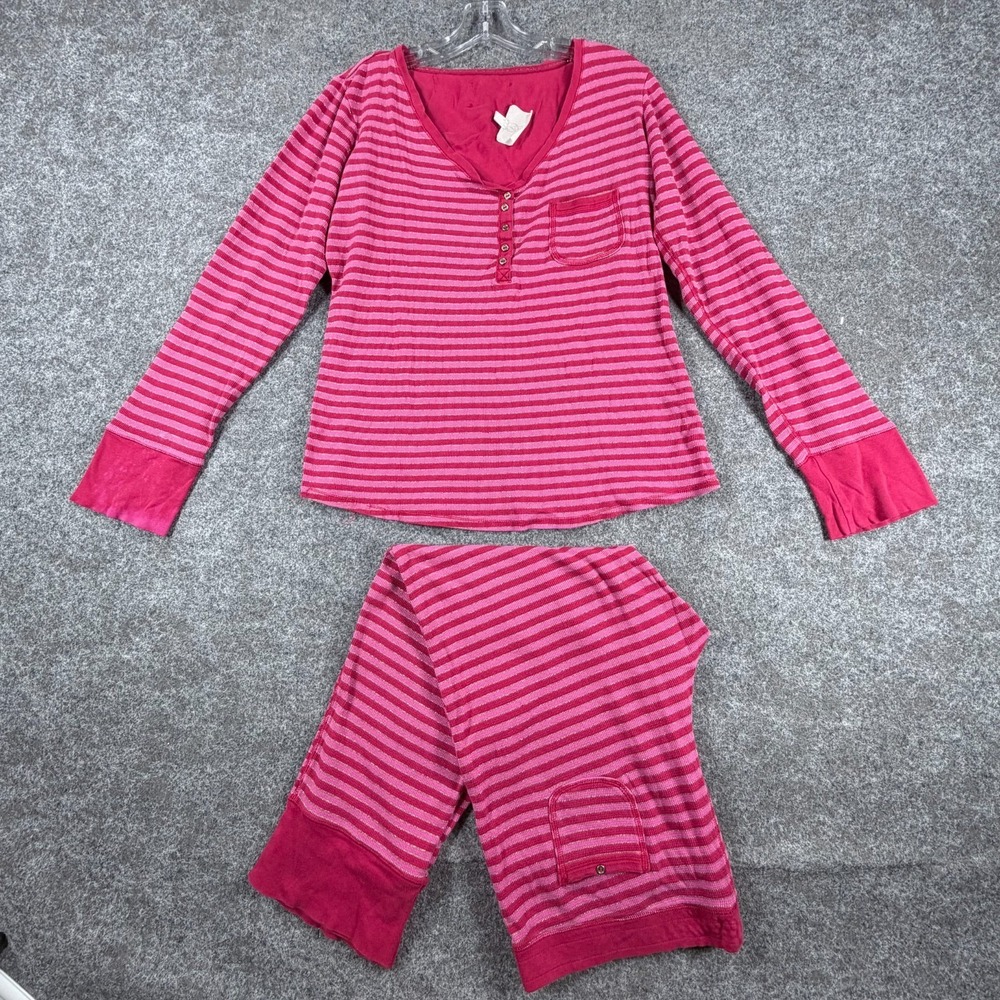 Victoria's Secret Pajama Set Womens XL Red Pink Striped 2 Piece Comfort Thermal